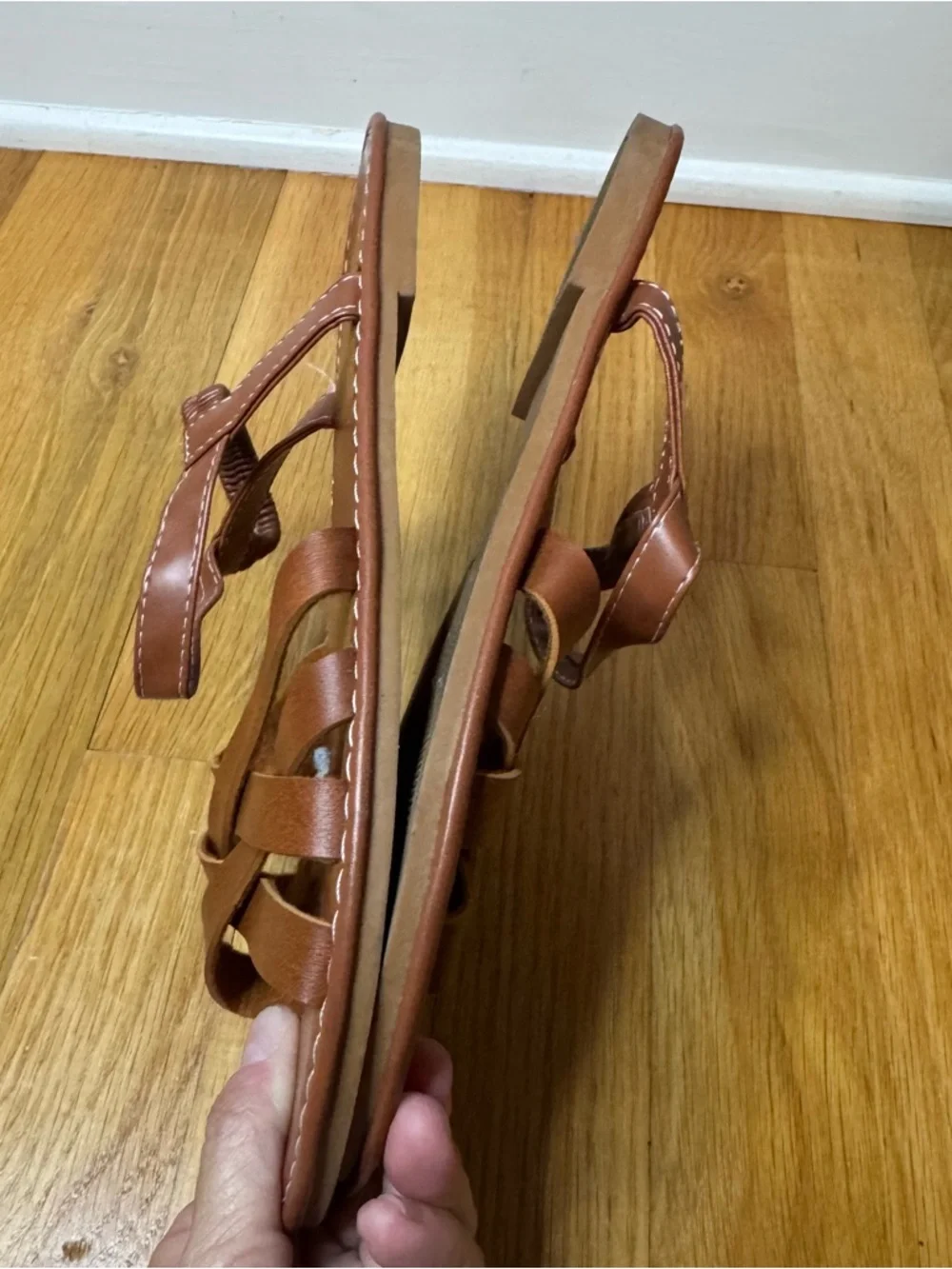 Cognac Strappy Flat Sandals - Criss Cross Slip On. Size 40 (US 9)